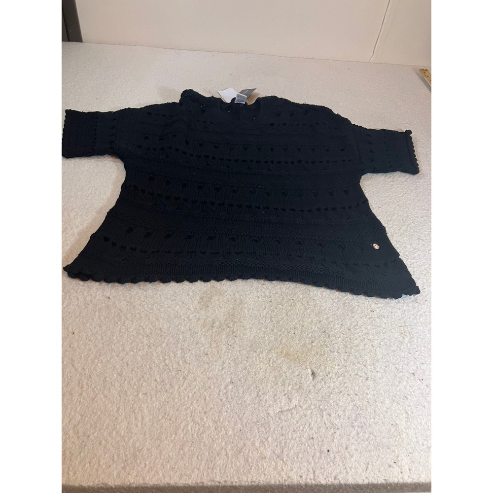 Melrose and Market Women Black Open Knit Crochet Short Sleeve Sweater Top Small